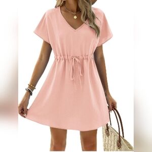Womens Swimsuit Cover Up V Neck Short Sleeve Beachwear Dress, Light Pink, MEDIUM